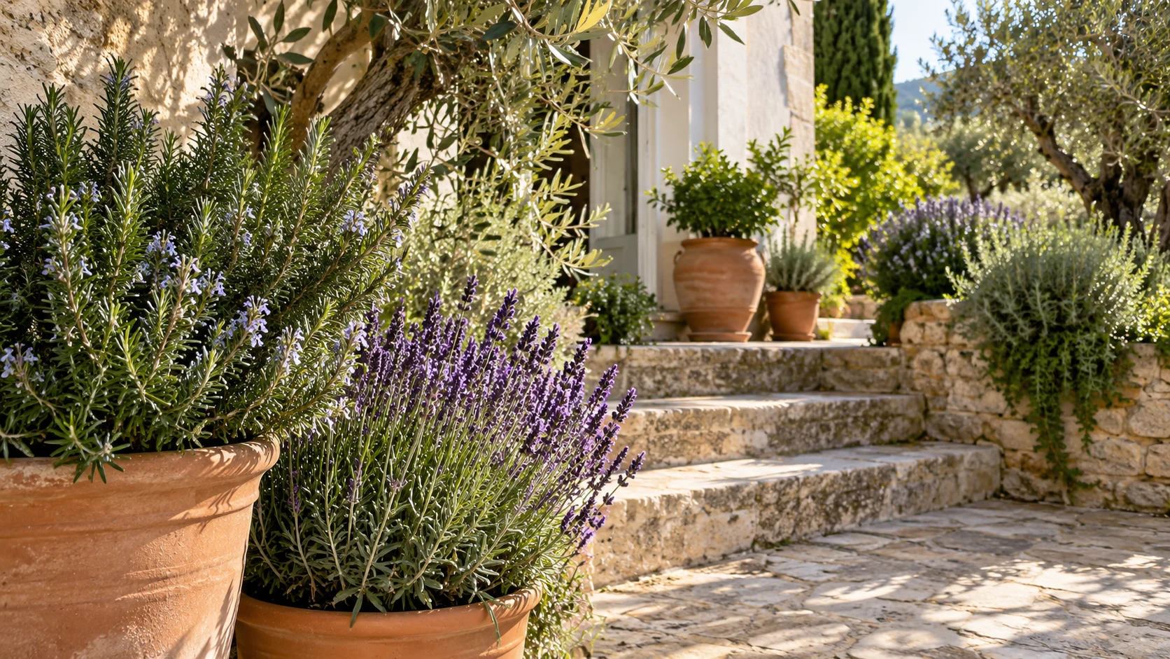 Jardín con macetas de terracota y plantas aromáticas